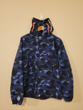 Authentic FW21 Bape Navy Blue Camo Shark Hoodie Jacket Men's Size XL